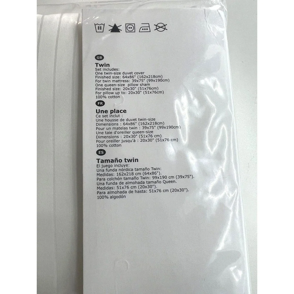 New Ikea Hastskrappa Twin Duvet cover and pillowcase, white 600 Thread count